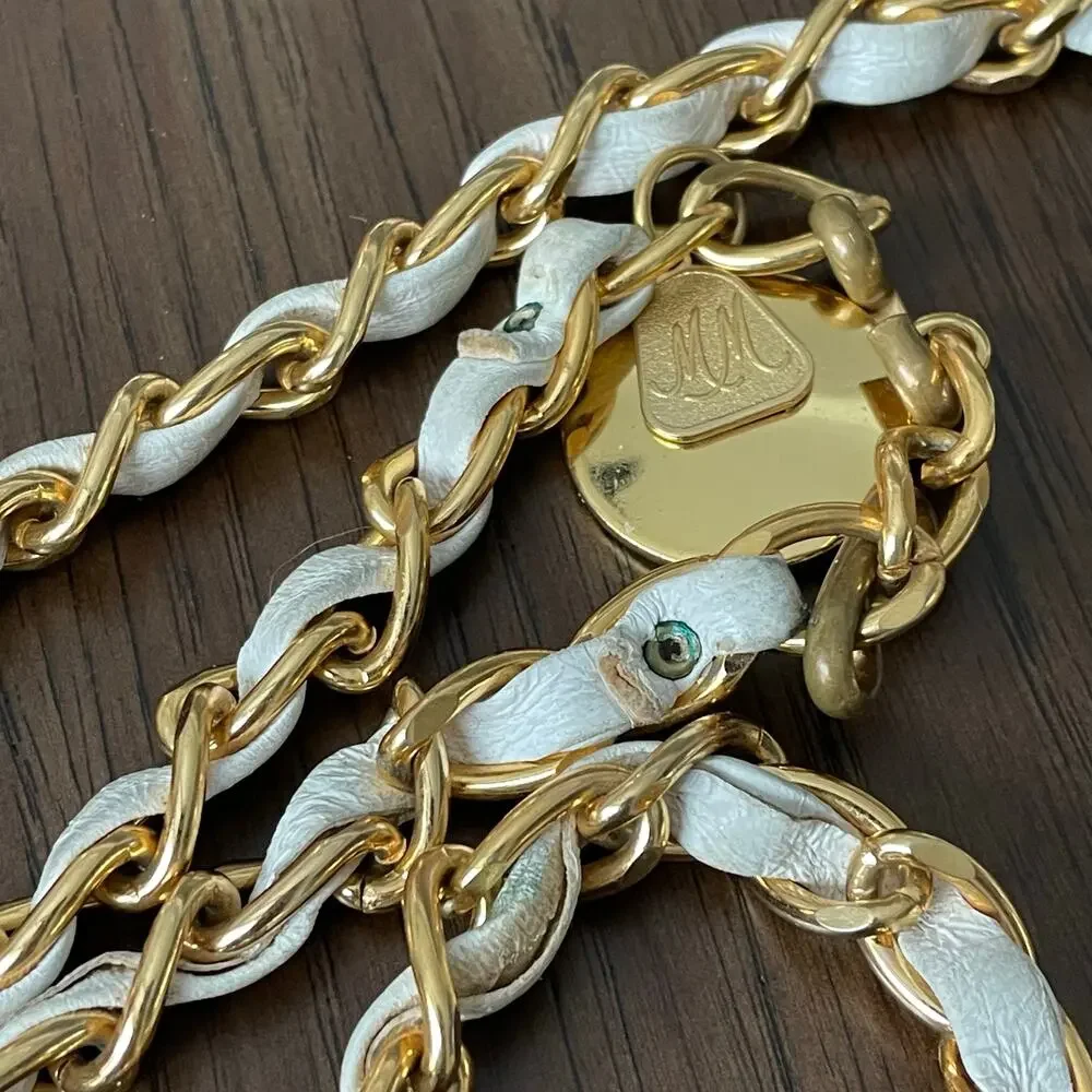 Vintage Morris Moshowitz MM White Leather Gold Tone Chain Belt Hook Women OS